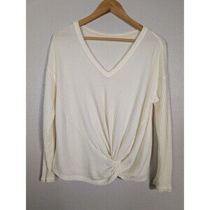 Anthropologie Ivory Waffle Weave Twist Front V Neck Top XS‎